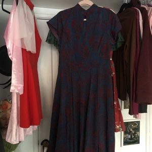 Blue and red lace print dress